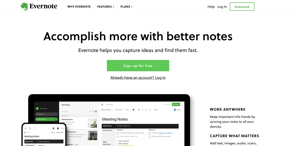 Evernote Home Page